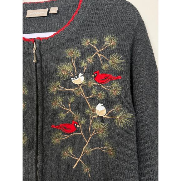 Croft & Borrow Bird Embroidered Sweater Jacket Gray XL Petite Cardinal - Picture 4 of 9